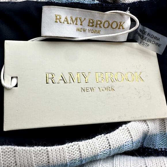 Ramy Brook Clam Mini Dress Striped Side Ruched Ribbed Knit Pullover Blue XS NWT - Picture 4 of 8